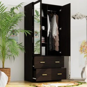 Hot Sales Factory Direct Solid Modern Wood White Black Wardrobe Closet with Mirror 2 Drawers 2 Doors Bedroom Furniture
