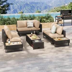 6 Pieces Diamond Weave Patio Sectional Furniture Set With Extendable Coffee Table with Ice Bucket for Backyard in Khaki+Brown