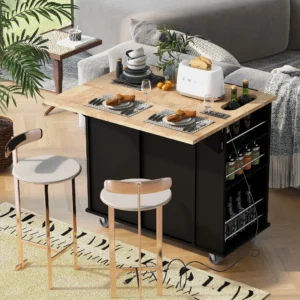 Modern Design Kitchen Island with Power Outlet Drop Leaf and Rubber Wood for Dining Home Furniture-US Warehouse
