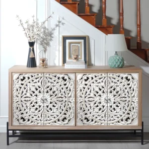 Elegant 4-Door Solid Wood Sideboard Handmade Vintage Carved Design Metal Base Storage for Dining Living Room Entryway Kitchen