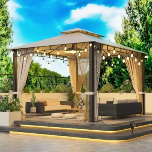 10X12FT Heavy Duty Softtop Metal Gazebo with Mosquito Net&Sunshade Curtains for Gardens Patio and Backyard