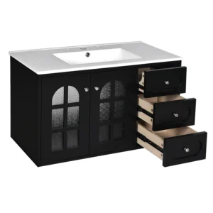 36 Inch Floating Bathroom Vanity with Ceramic Sink, 3 Drawers & Soft-close System Cabinet in Black
