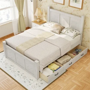 Modern Farmhouse Style Queen-Size Wood Panel Bed Frame Four Square Poster Design with Three Storage Drawers in Ancient White